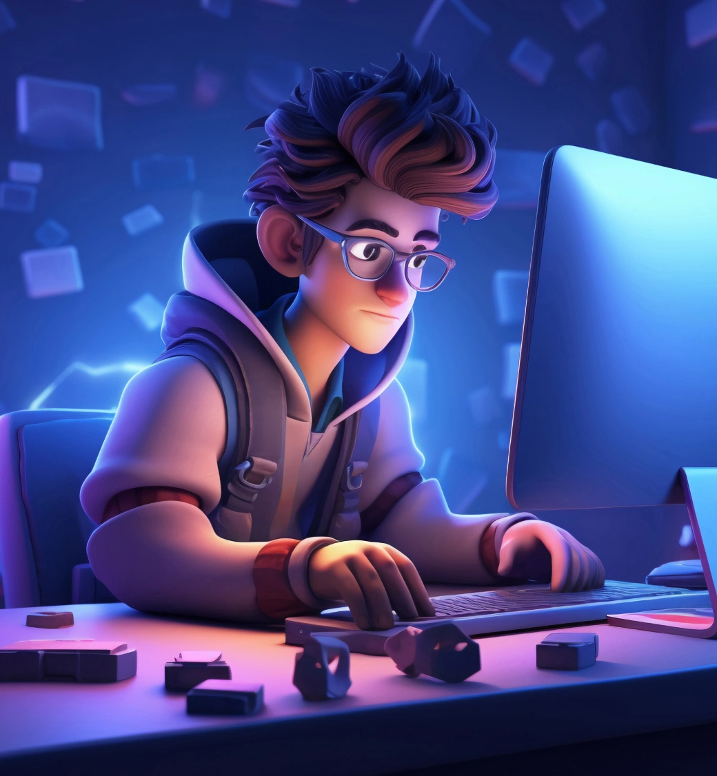 3d Boy Using Computer